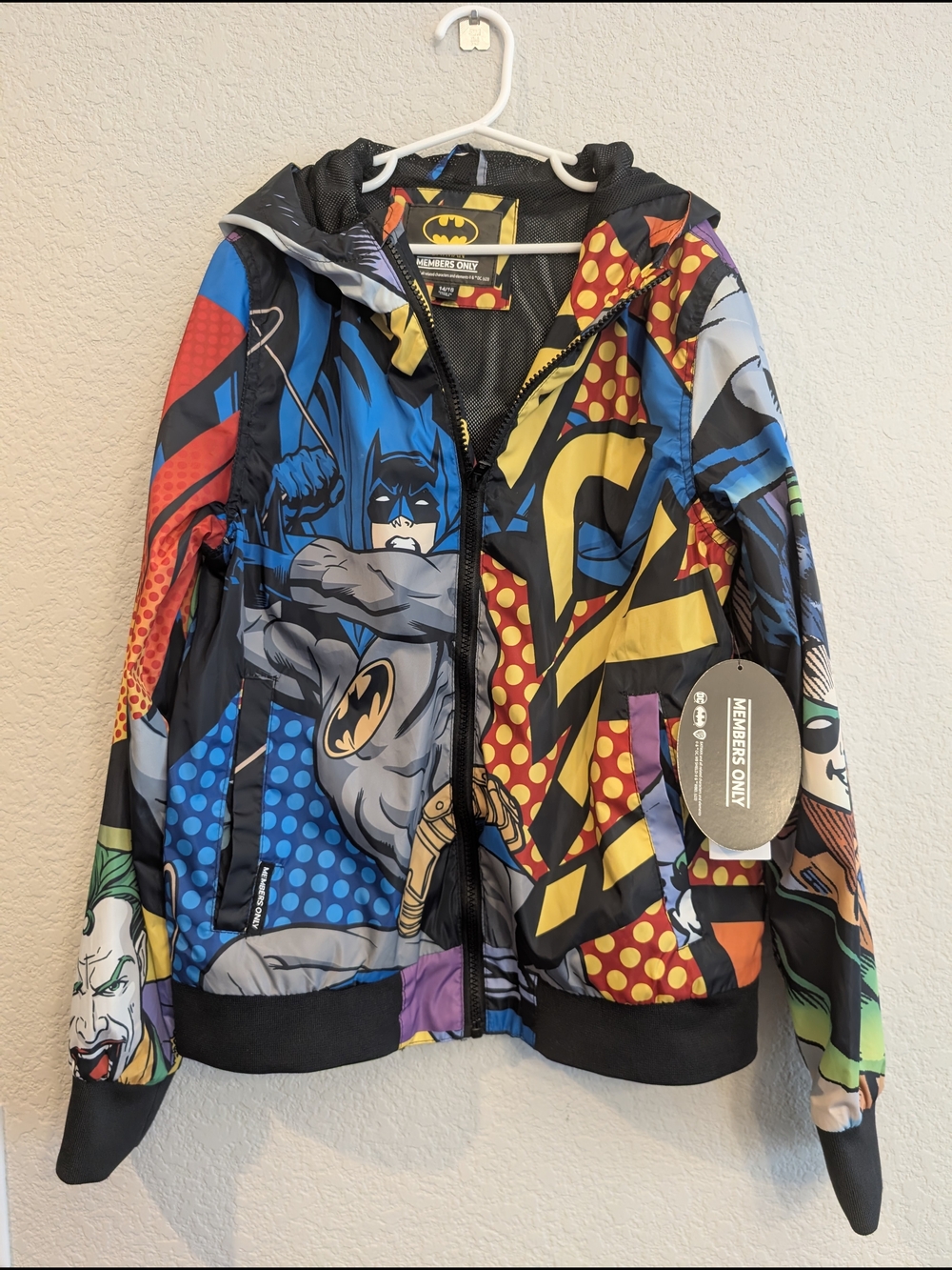 NWT Sz 14/16 Members Only Batman Kids' Hooded Jacket Water Resistant- Multicolor